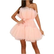 DEHOLIFER Sexy Dresses for Women Going Out Clubbing Prom Dress Short Tulle Dress Short Puffy Prom Dress Strapless Mesh Birthday Fairy Dresses Ruffle Cocktail Party Gown Photoshoot Mini Evening Dress
