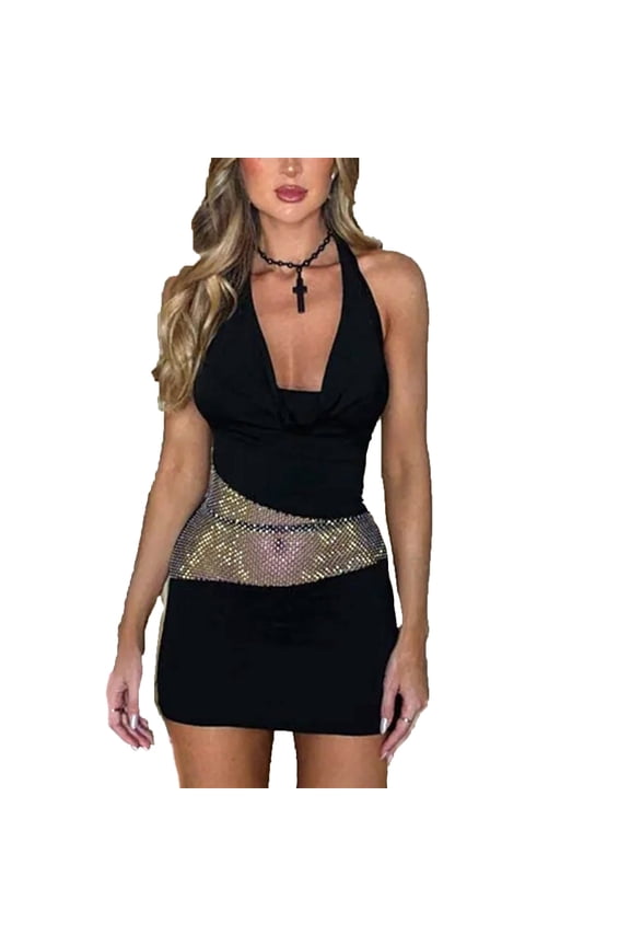 Sexy Dresses for Women Open Back Deep V Halter Dress with Mesh Waist Bodycon Lightweight Sundress Cowl Neck Fitted Jumpsuit Fashion Trendy Mini Dresses for Party, Cocktail