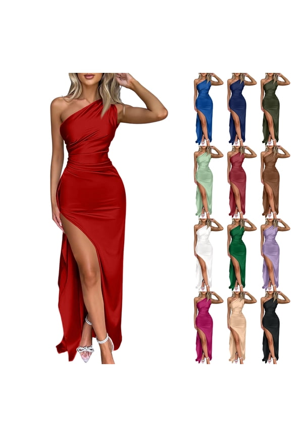 Sexy Dresses for Women Satin Sexy One Shoulder High Split Cocktail Wedding Party Maxi Dress Date Night Beach Party Tab Sleeveless Tube Dress Solid Color Dresses Army Green L