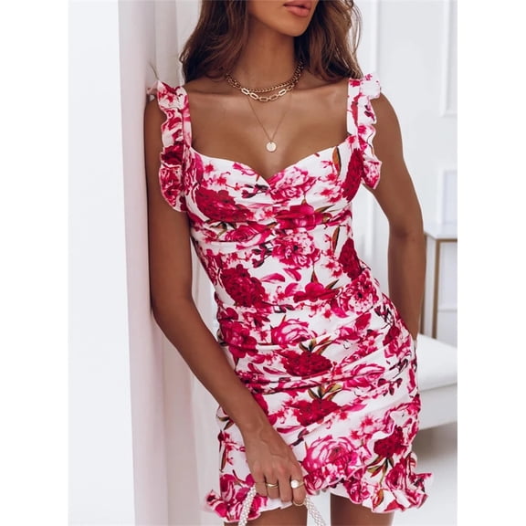 Sexy Dresses for Women Date Night - V-Neck Sleeveless Ruffle Floral Printed Sundress Casual Bodycon Dress