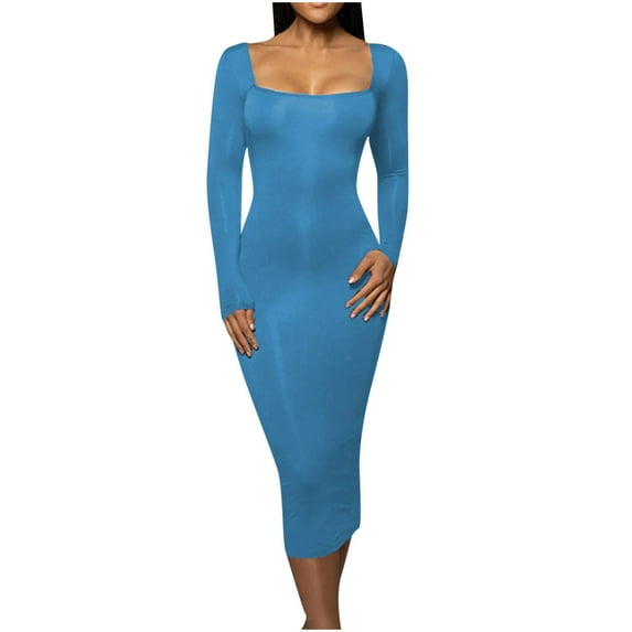 Dresses for Women Square Neck Long Sleeve Solid Tight Dress Slim Fitted Stretchy Formal Cocktail Evening Midi Dress