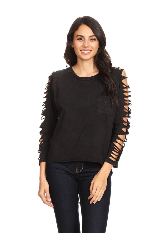 Sexy Edgy Street Wear Mineral Wash Distressed Faded Long Sleeve T-Shirt Tops