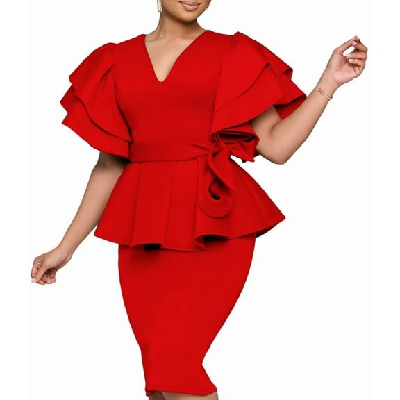 Sexy Elegant Cap sleeve Ruffles Party Evening Formal Midi Dress Bodycon Gown