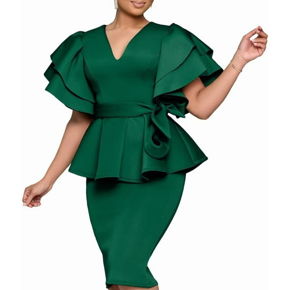 Sexy Elegant Cap sleeve Ruffles Party Evening Formal Midi Dress Bodycon Gown