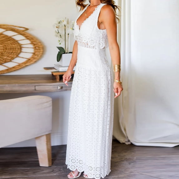 Sexy Elegant V-neck Embroidery Lace Party Dress Women Banquet See-through Club Dress Summer Sleeveless Solid Formal Long Dress