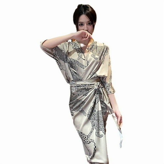 Sexy Fashion Leopard Robe Nightgown Spring Summer Half Sleeve Kimono Bathrobe Gown Sleepwear Loose Satin Home Dress Lounge Wear (Champagne,One Size)