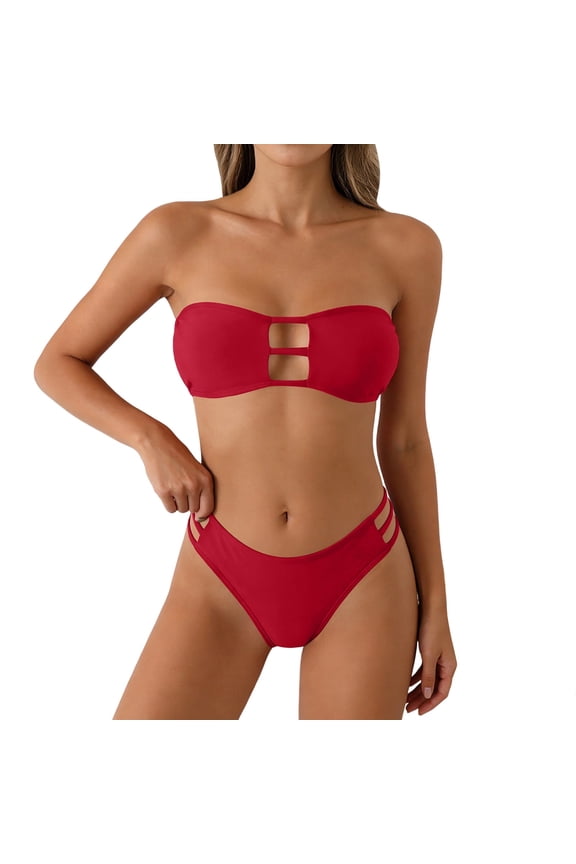 Sexy Fashion Strapless Bikini Set Women's Cutout Front Bandeau Top and Double Strap Bottoms Flattering Fit for Summer Beach Pool SPA Days