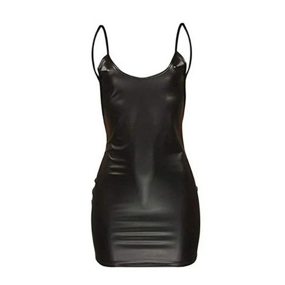 Sexy Faux Leather Dress Backless Club Party Short Dresses Solid Black Wet Look Latex Bodycon Push Up Bra Mini Micro Dress