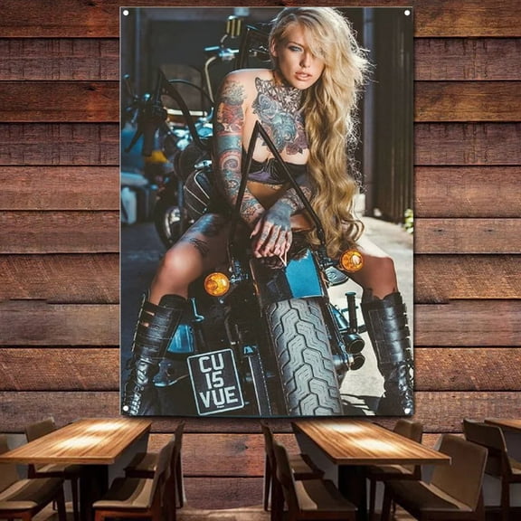 Sexy Female Biker Poster Flag with 4 Grommets Custom Motorcycle Rider Girl Tattoo Art Banner Man Cave Bar Club Pub Wall Decor,38X57 inches