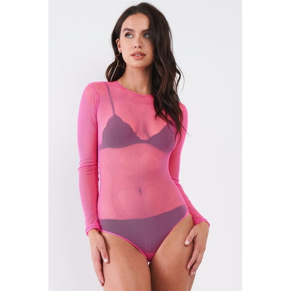 Sexy Fine Fishnet Sheer Mesh Crew Neck Long Sleeve Bodysuit XS/S