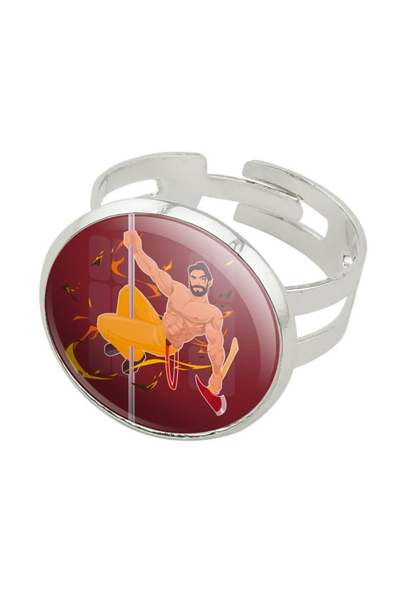 Sexy Fireman Sliding Down Pole With Axe Silver Plated Adjustable Novelty Ring