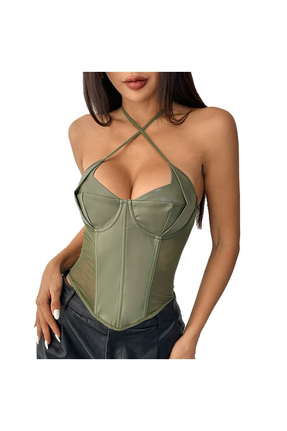 Sexy Fishbone Corset PU Leather Crop Top Crossover Halter Bustier Y2K Deep V Neck Camisole with Gothic Bonded Straps Diamond Shaped Hem Clubwear Music Festivals 2025 Trendy Clothes