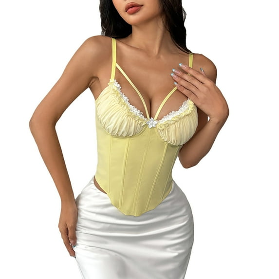 Sexy Fishbone Corset Top for Women Fashion Lace Bustier Thin Straps Tanks Crop V Hem Tops Slim Fit Bodyshaper Party Club Top Going Out Lace Mesh Shirts