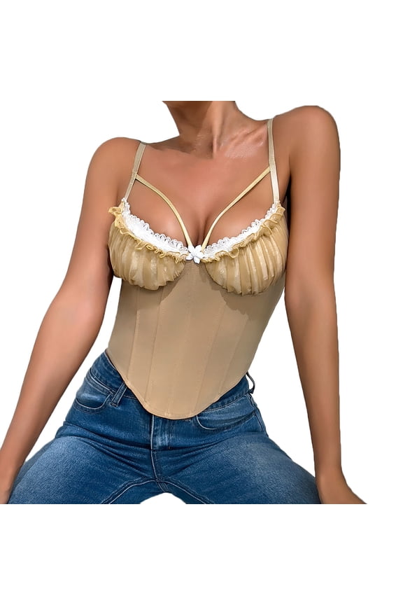 Sexy Fishbone Corset Top for Women Fashion Lace Bustier Thin Straps Tanks Crop V Hem Tops Slim Fit Bodyshaper Party Club Top Going Out Lace Mesh Shirts
