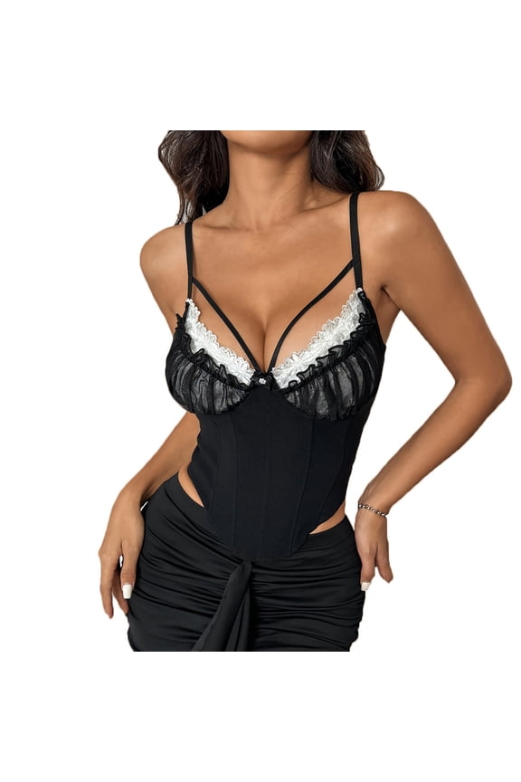 Sexy Fishbone Corset Top for Women Fashion Lace Bustier Thin Straps Tanks Crop V Hem Tops Slim Fit Bodyshaper Party Club Top Going Out Lace Mesh Shirts