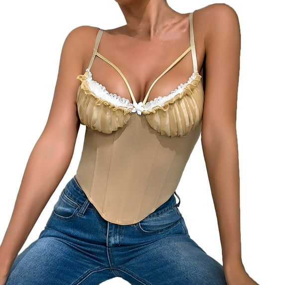 Sexy Fishbone Corset Top for Women Fashion Lace Bustier Thin Straps Tanks Crop V Hem Tops Slim Fit Bodyshaper Party Club Top Going Out Lace Mesh Shirts