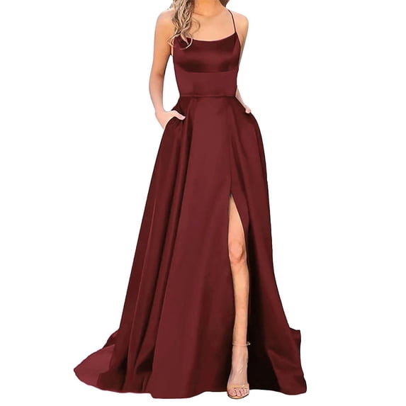 Sexy Formal Dresses For Women Prom Ladies Long Elegant Backless DressesCrisn Satin Spaghetti Party Dress Side Slit Wedding Evening With Pockets Red