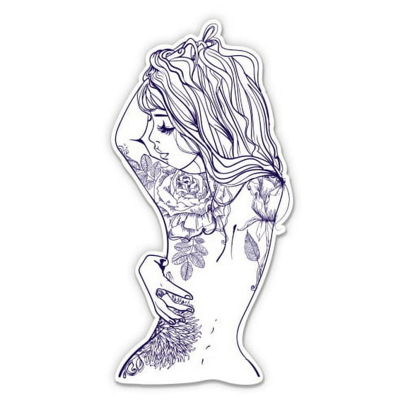 Sexy Girl Floral Tattoo - 5" Vinyl Sticker - For Car Laptop I-Pad - Waterproof Decal