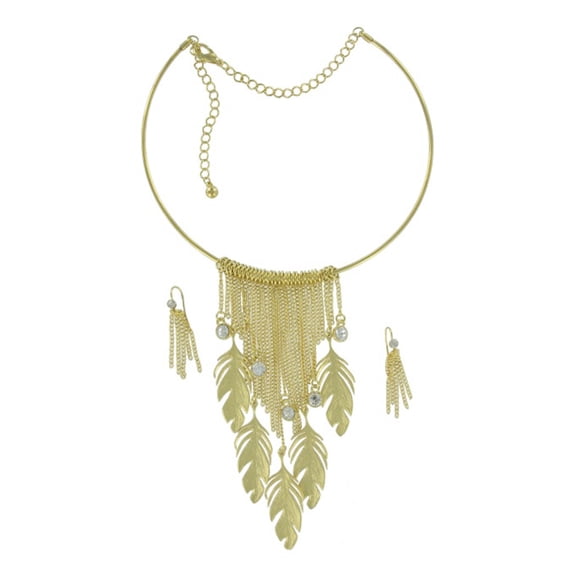 Sexy Gold Tone Fringe Leaf Chain Necklace Set Ladies Adult Female Women