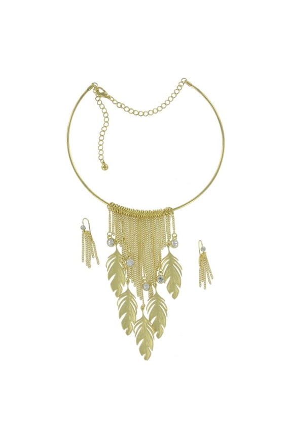 Sexy Gold Tone Fringe Leaf Chain Necklace Set Ladies Adult Female Women
