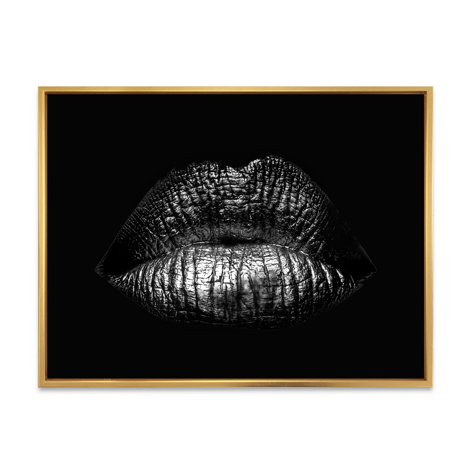 Sexy Golden Metallized Woman Lips I 40 in x 30 in Framed Photography Canvas Art Print, by Designart