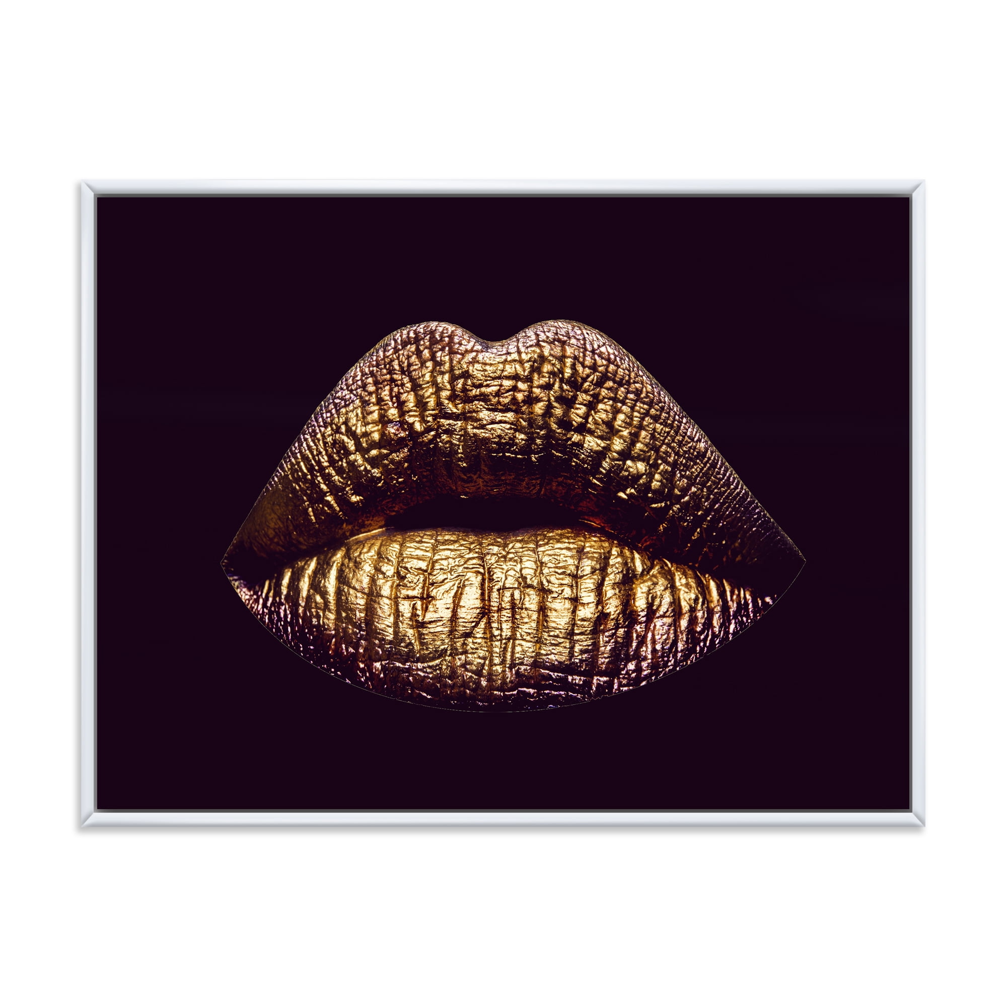 Sexy Golden Metallized Woman Lips II 40 in x 30 in Framed Photography Canvas Art Print, by Designart