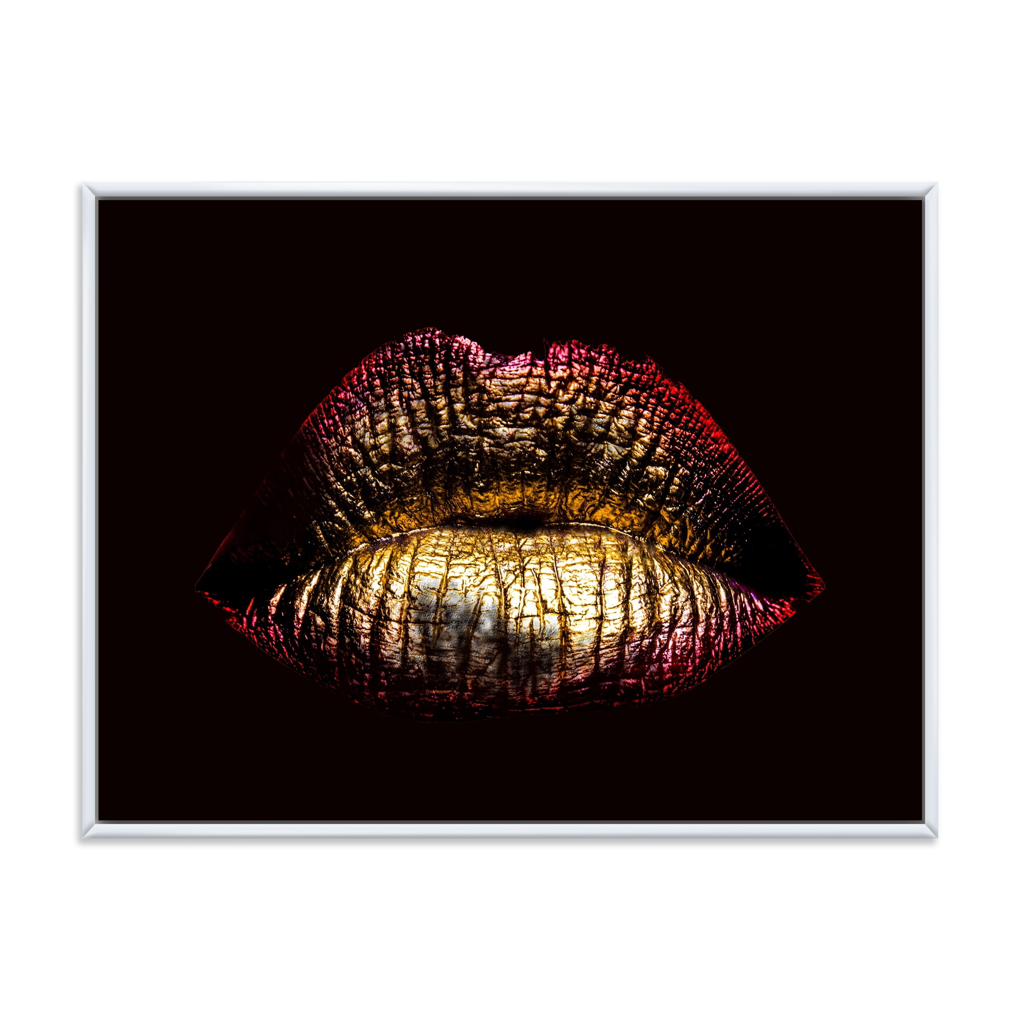 Sexy Golden Metallized Woman Lips IV 20 in x 12 in Framed Painting Canvas Art Print, by Designart