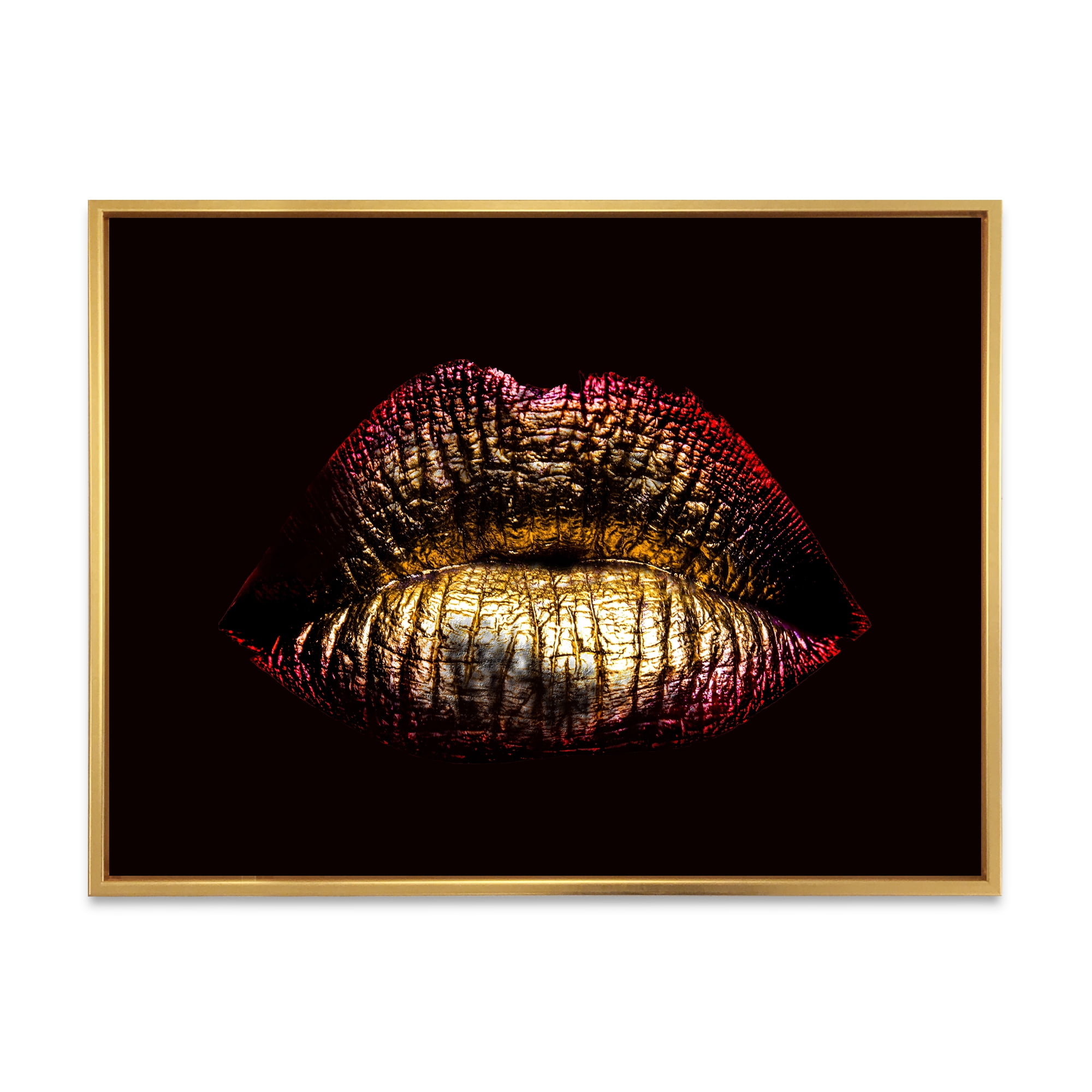 Sexy Golden Metallized Woman Lips IV 32 in x 16 in Framed Photography Canvas Art Print, by Designart
