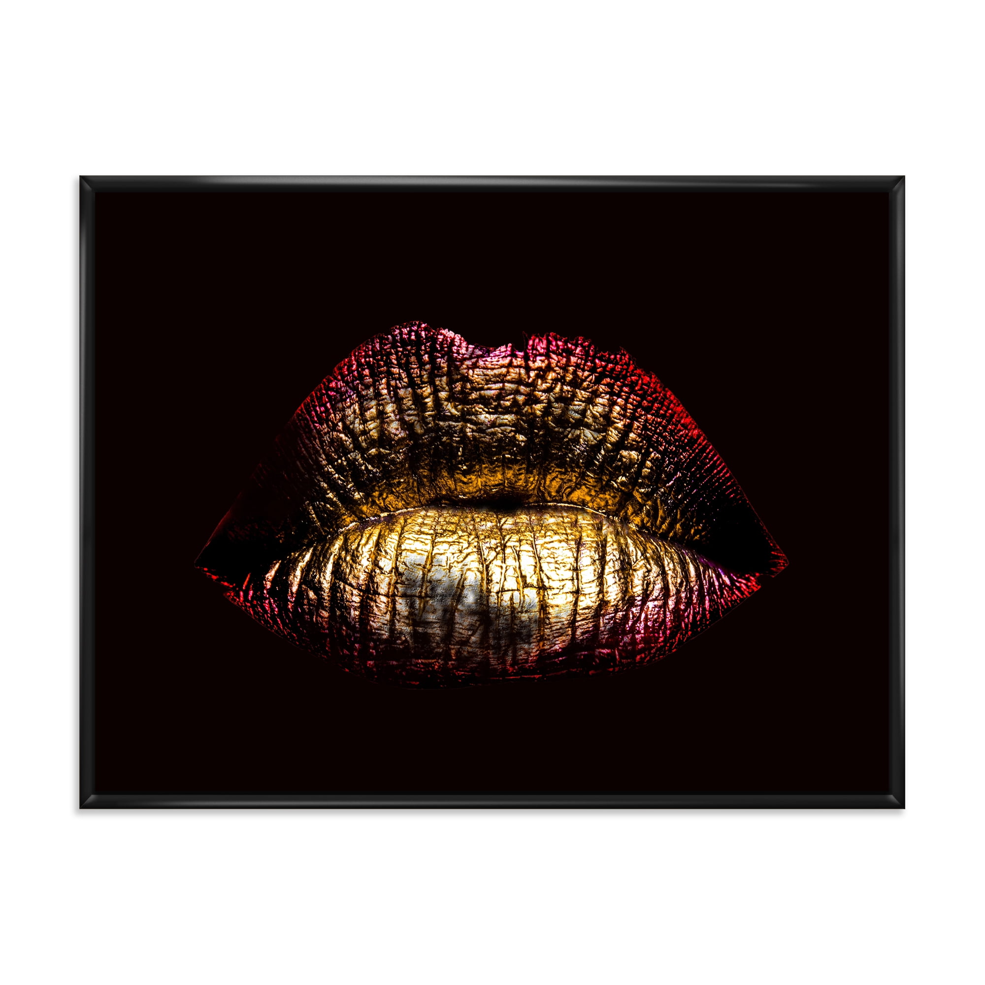 Sexy Golden Metallized Woman Lips IV 32 in x 24 in Framed Photography Canvas Art Print, by Designart