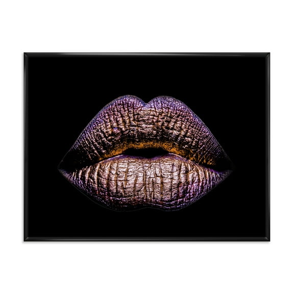 Sexy Golden Metallized Woman Lips V 20 in x 12 in Framed Painting Canvas Art Print, by Designart