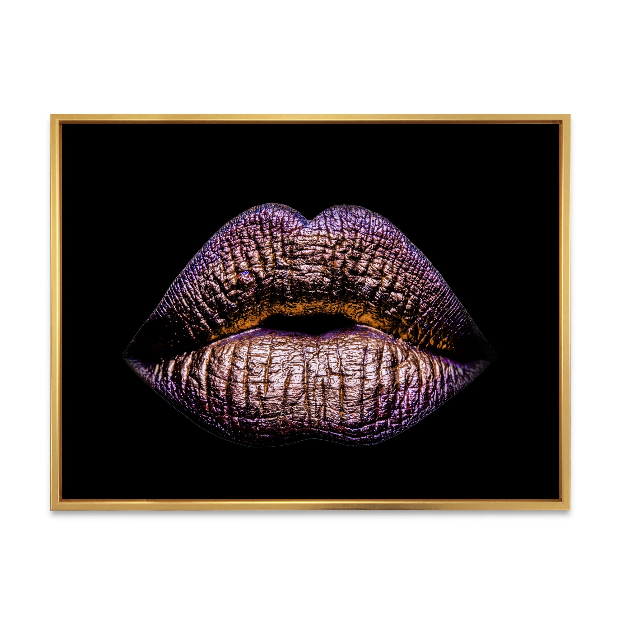 Sexy Golden Metallized Woman Lips V 20 in x 12 in Framed Photography Canvas Art Print, by Designart