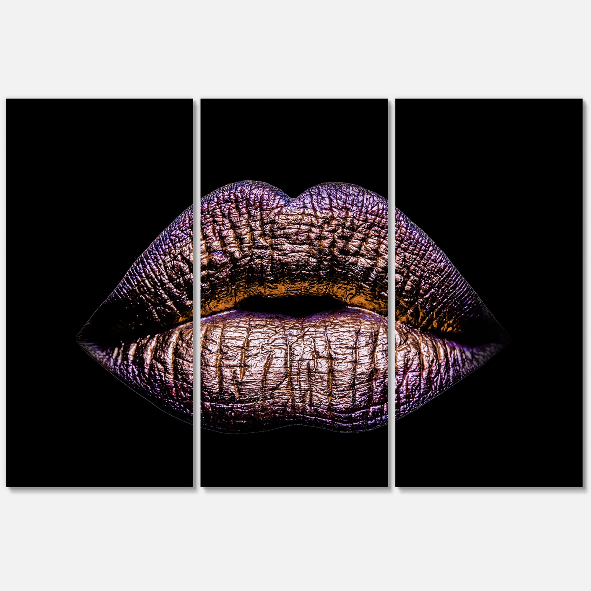 Sexy Golden Metallized Woman Lips V 28 in x 36 in Photography Canvas Art Print, by Designart