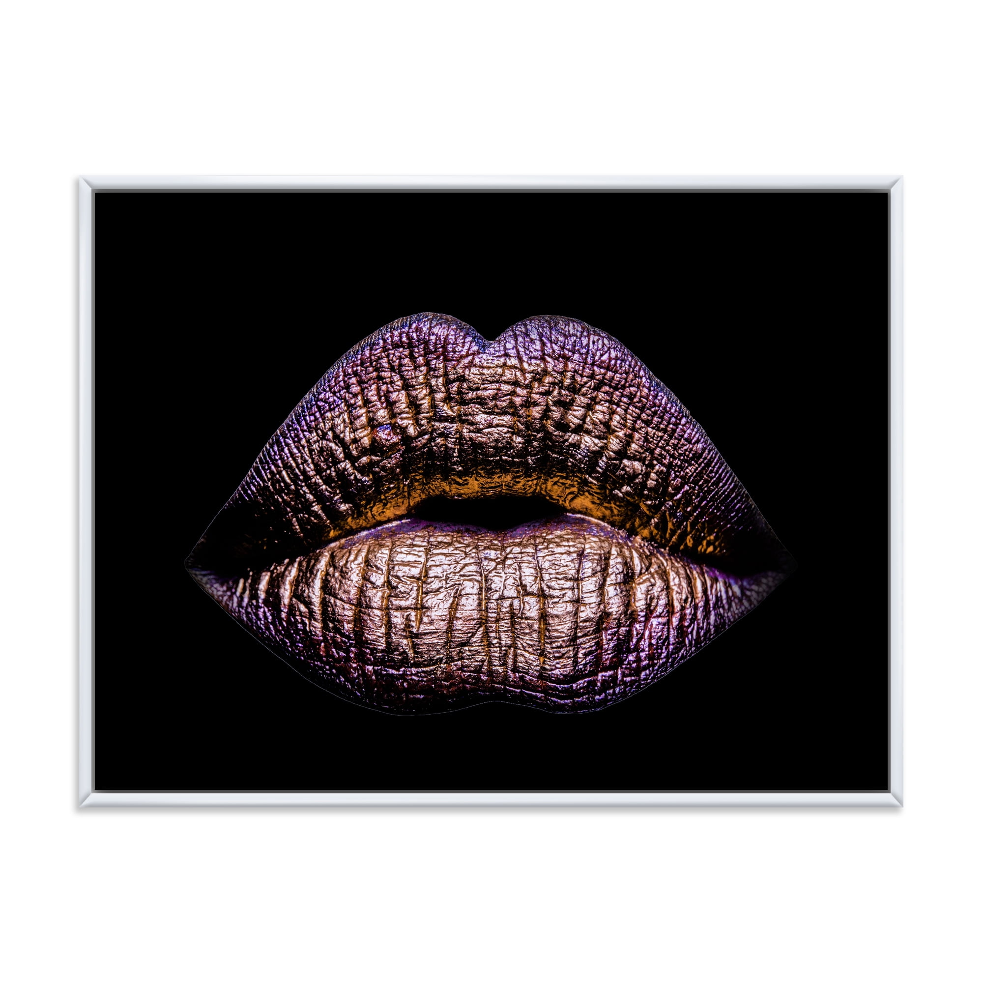 Sexy Golden Metallized Woman Lips V 32 in x 24 in Framed Photography Canvas Art Print, by Designart