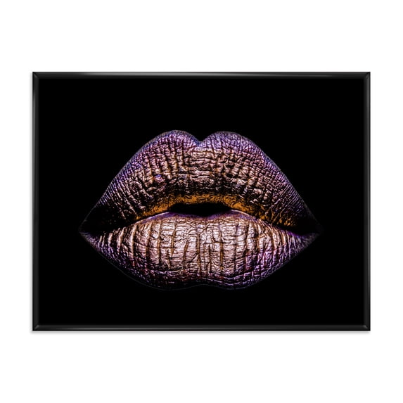 Sexy Golden Metallized Woman Lips V 32 in x 24 in Framed Photography Canvas Art Print, by Designart