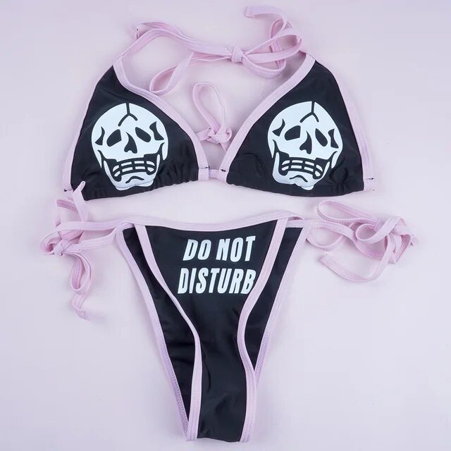 Sexy Goth Bikini 2024 Women Letters Skull Print Swimsuit Split Bathing
