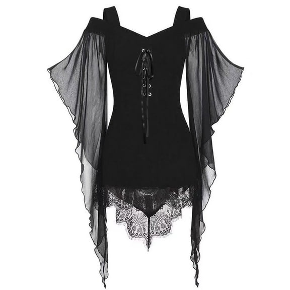 Sexy Goth Clothes For Women Mesh Butterfly Trumpet Sleeve Shirts Vintage Cold Shoulder Blouse Halloween Costumes