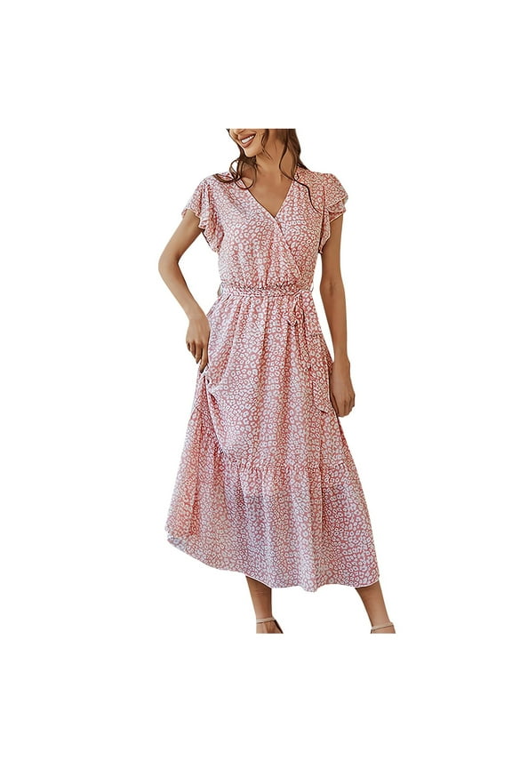 Sexy Green Dress, Wedding Guest Easter Dresses Smocked V Neck Short Sleeve Floral A Line Long Black Sparkly Dresses For Women To Hide Tummy Dresses Going Out Dresses (L, Pink) ZMTing