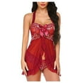 thumbnail image 1 of Sexy Halter Open Front Ruffle Sheer Mesh Lace Babydoll Lingerie Dress with Thong 2 Piece, 1 of 5