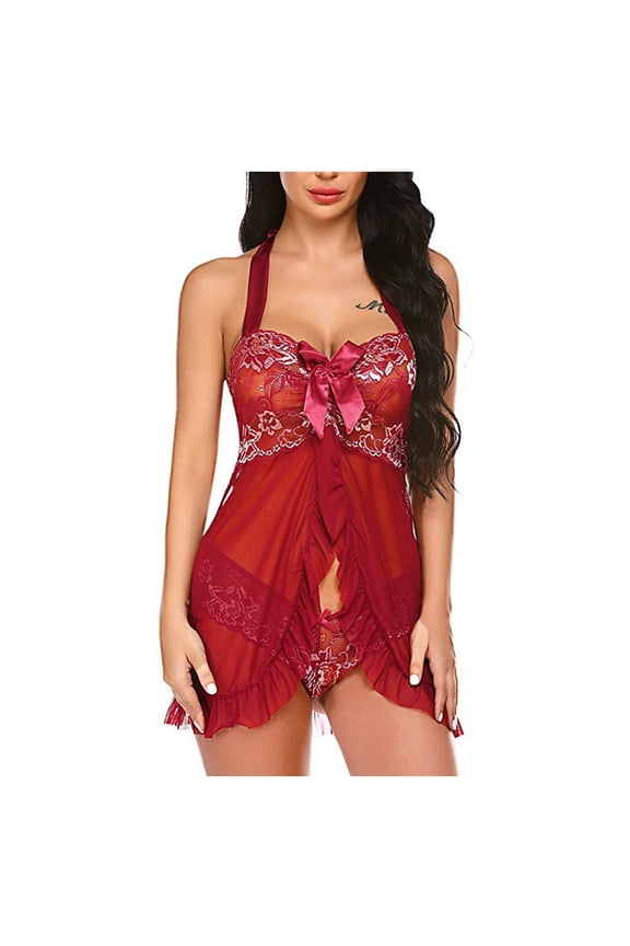 Sexy Halter Open Front Ruffle Sheer Mesh Lace Babydoll Lingerie Dress with Thong 2 Piece