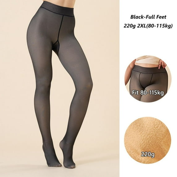 Sexy High Waist Plus Size Skin Colored Fleece Lined Tights Thermal Stockings Warm Pantyhose Fake Translucent Leggings 220G 2XL(80-115KG) BLACK-FULL FEET