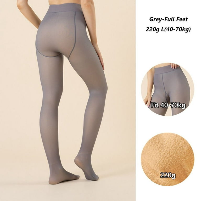 Sexy High Waist Plus Size Skin Colored Fleece Lined Tights Thermal  Stockings Warm Pantyhose Fake Translucent Leggings 220G L(40-70KG)  GREY-FULL FEET 
