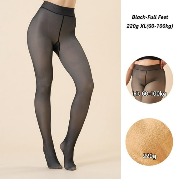 Sexy High Waist Plus Size Skin Colored Fleece Lined Tights Thermal Stockings Warm Pantyhose Fake Translucent Leggings 220G XL(60-100KG) BLACK-FULL FEET