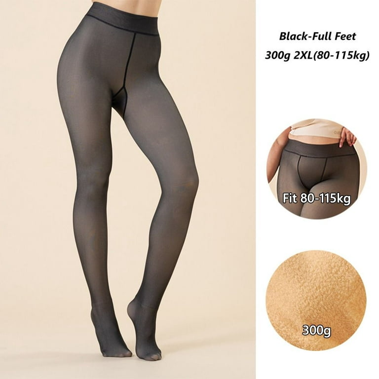 Sexy High Waist Plus Size Skin Colored Fleece Lined Tights Thermal  Stockings Warm Pantyhose Fake Translucent Leggings 300G 2XL(80-115KG)  BLACK-FULL FEET 
