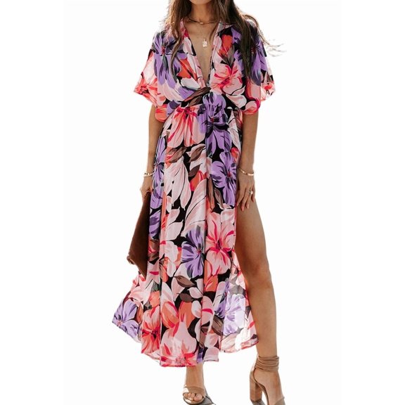 Sexy High Waist Printed Split Dress Women's Fashion Summer 2025 Long A-Line Skirt V-Neck Batwing Sleeve Zipper