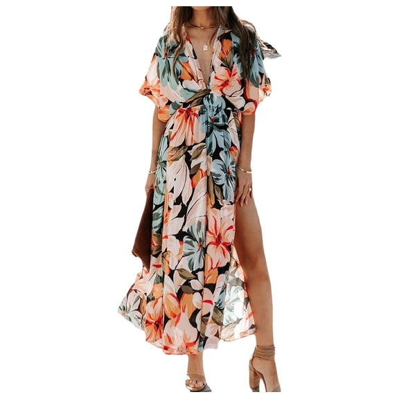 Sexy High Waist Printed Split Dress Women's Fashion Summer 2025 Long A-Line Skirt V-Neck Batwing Sleeve Zipper