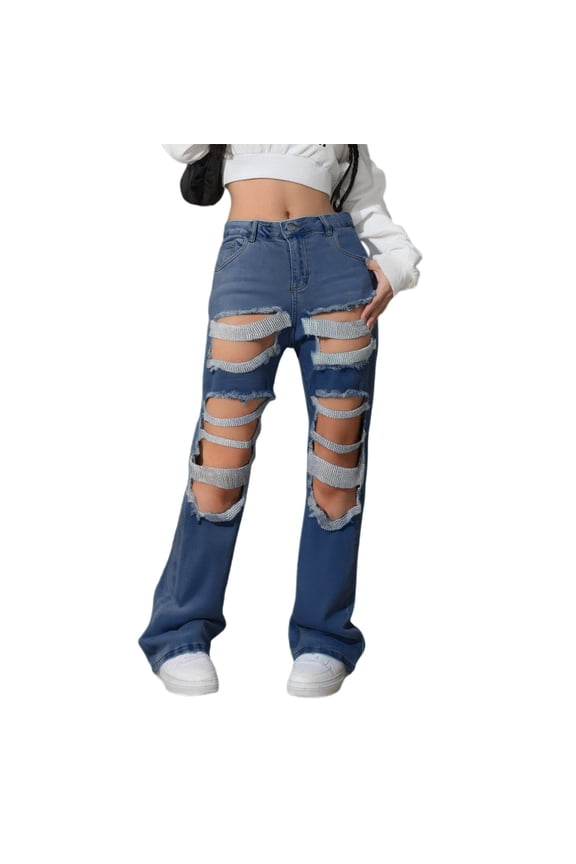 Sexy High Waisted Stretch Jeans for Women Trendy Distressed Ripped Jeans Beaded Decoration Denim Pants Comfortable Casual Long Trousers BBL Jeans