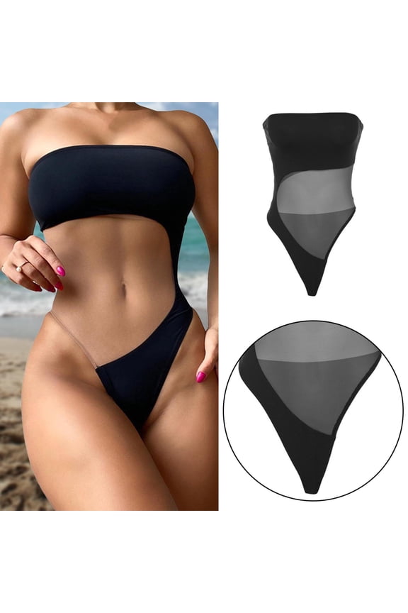 Sexy Hot Girls Swimsuit Splicing Mesh See Through Backless Strapless Slim Sleeveless Collision Color Beach Vacation Fashion Temperament Bikini Beach Swimsuit Sexy Two Piece Swimsuit Women's Swimwear