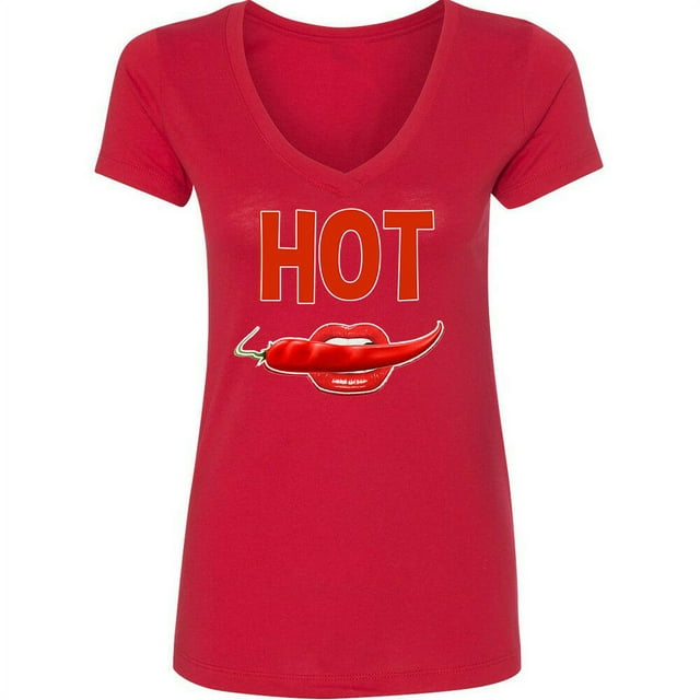 Sexy Hot Red Pepper Lips Print VNECK Lady Shirt Women Tee Color Red 2X-Large