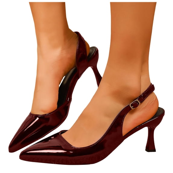 Sexy Kitten Heels for Women Pointed Closed Toe Slingback Sandals Glitter Leather Solid Color Casual Summer Dress Shoes Wine Size 7