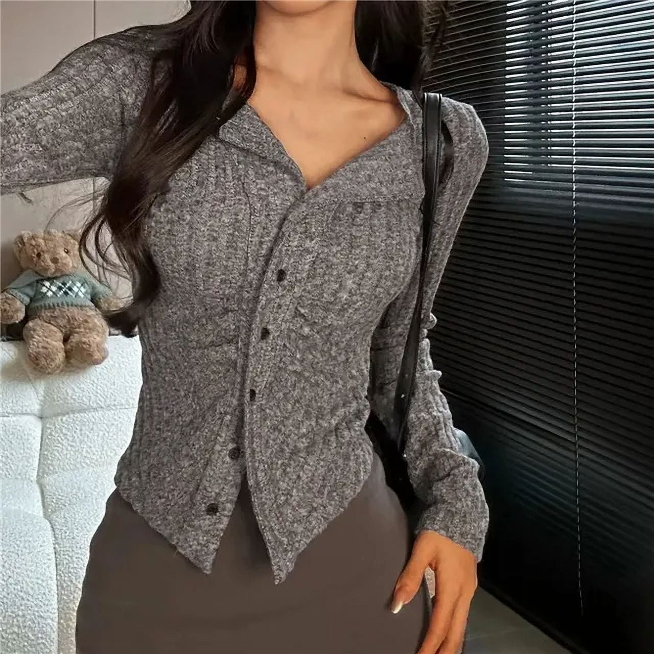 Tavimart Sexy Patchwork Sweater Cardigan For Women Long Sleeve Fashion Knit Crop top Streetwear Autumn Loose Knitwear Y2k Top Coat